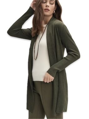 Olive Green Sparkly Open Front Cardigan - Shawl Neck, Tunic Length, Like New